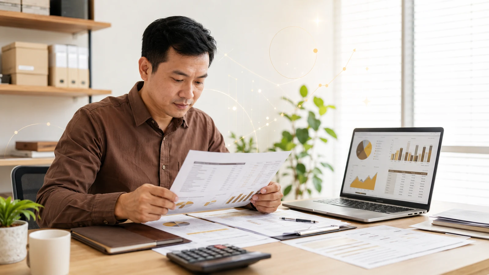 Chủ doanh nghiệp SME đọc bảng cân đối kế toán để đánh giá sức khỏe tài chính