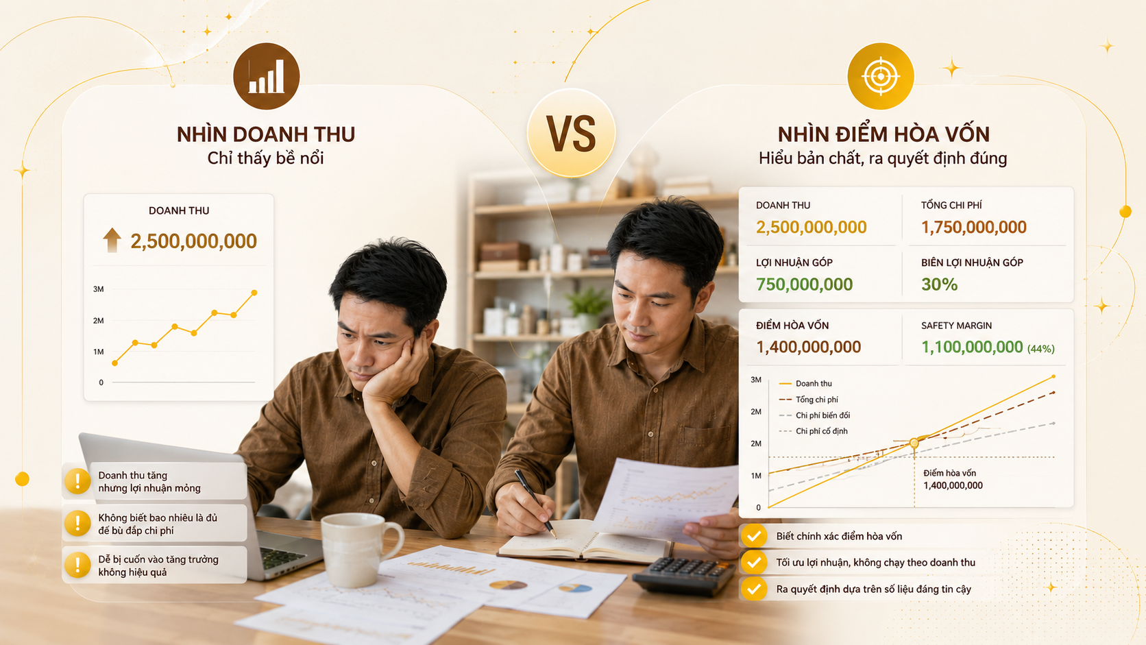 Bảng so sánh doanh thu lợi nhuận lãi góp và điểm hòa vốn trong quản trị SME